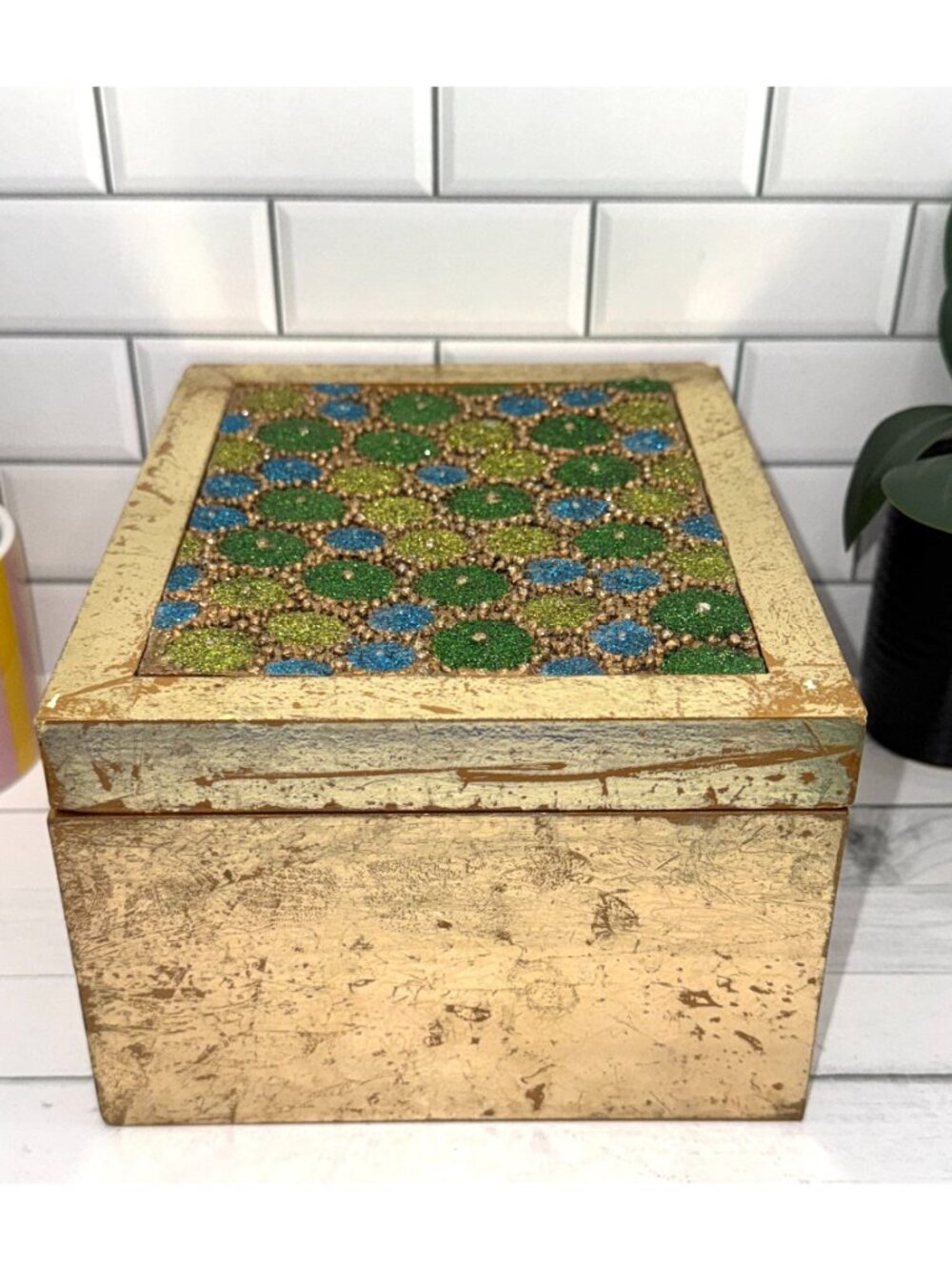 Boho Holiday Decorative Gold Box With Glittered Green & Blue Detailing - Picture 6 of 10